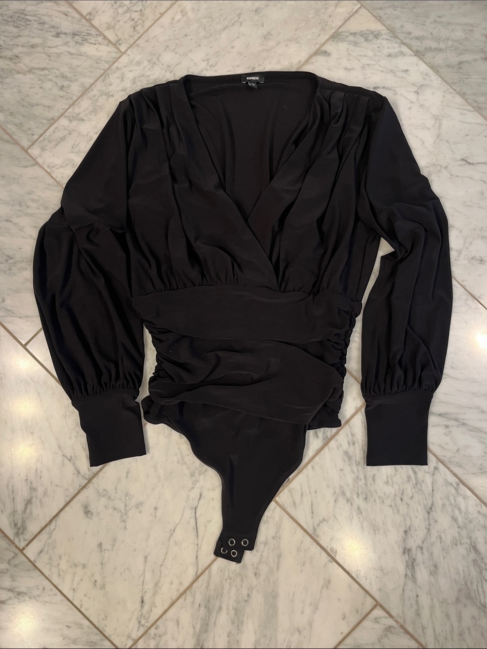 Express Black Wrap-Front Long-Sleeve Bodysuit